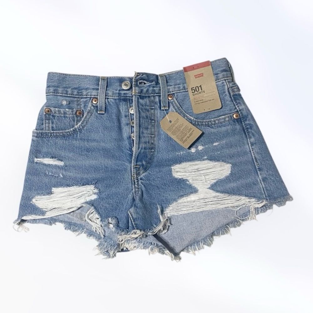 LEVI’S Shorts NWT 501 High Rise Ripped Button Fly In Quiet Riot Blue Size 24 - Picture 4 of 10